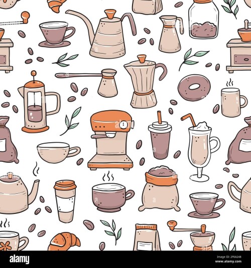 hand drawn seamless pattern of different types coffee cup mug pot coffee machine doodle sketch style