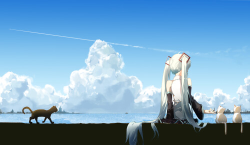 Konachan.com 289028 animal cat clouds hatsune miku long hair scenic sky taka (0taka) twintails vocal