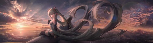 Konachan.com 353818 clouds hatsune miku long hair millet (milletneko) skirt sky sunset thighhighs tw