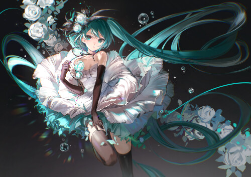Konachan.com 336378 aqua eyes aqua hair dress elbow gloves feathers flowers gloves hatsune miku jpeg