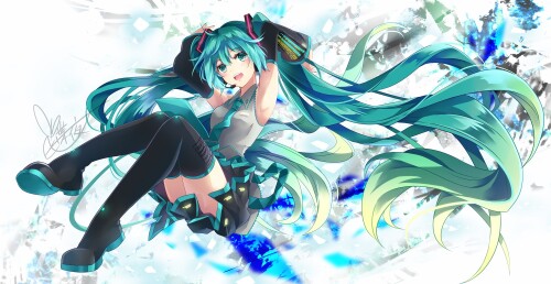 Konachan.com 363721 aqua eyes aqua hair boots hatsune miku long hair microphone signed skirt thighhi