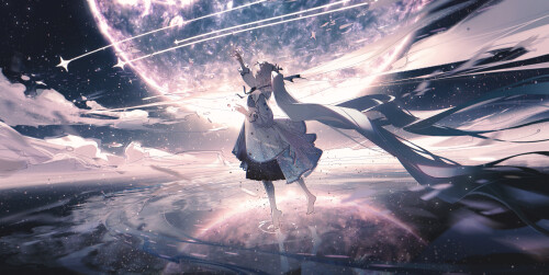 Konachan.com 339329 dress hatsune miku kvpk5428 long hair reflection sky stars twintails vocaloid wa
