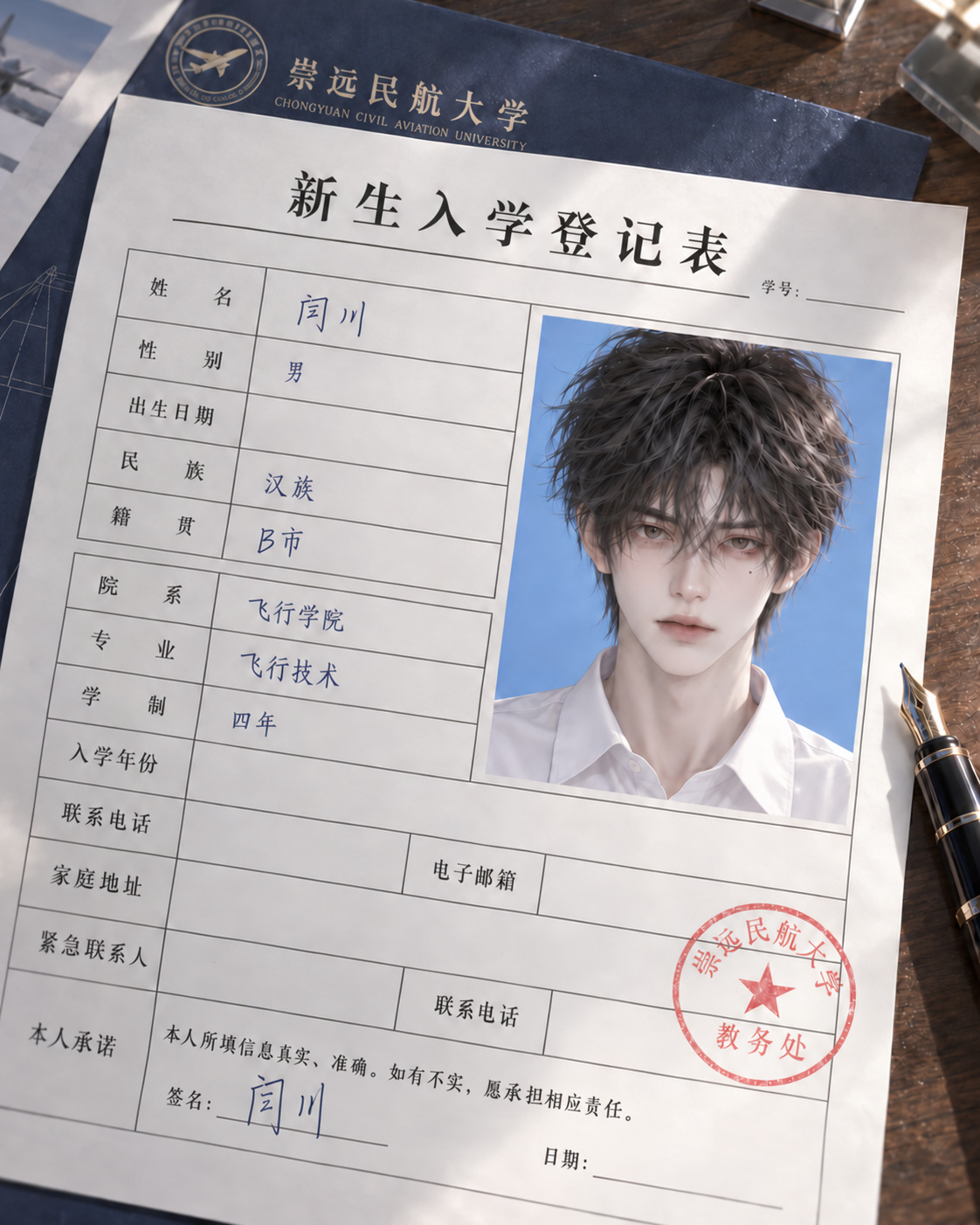 闫川新生入学登记表与证件照